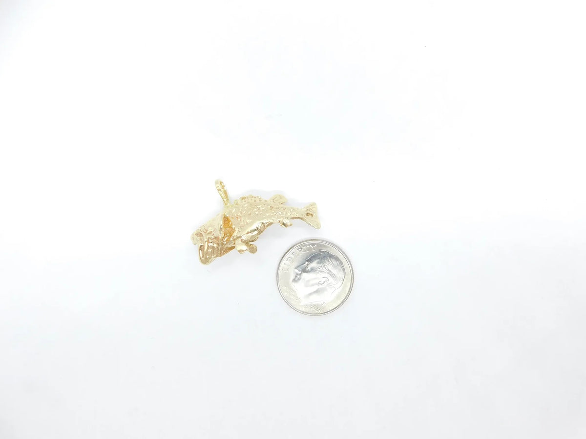 14kt Yellow Gold Open Mouth Bass Fish with Ruby Eyes Charm / Pendant