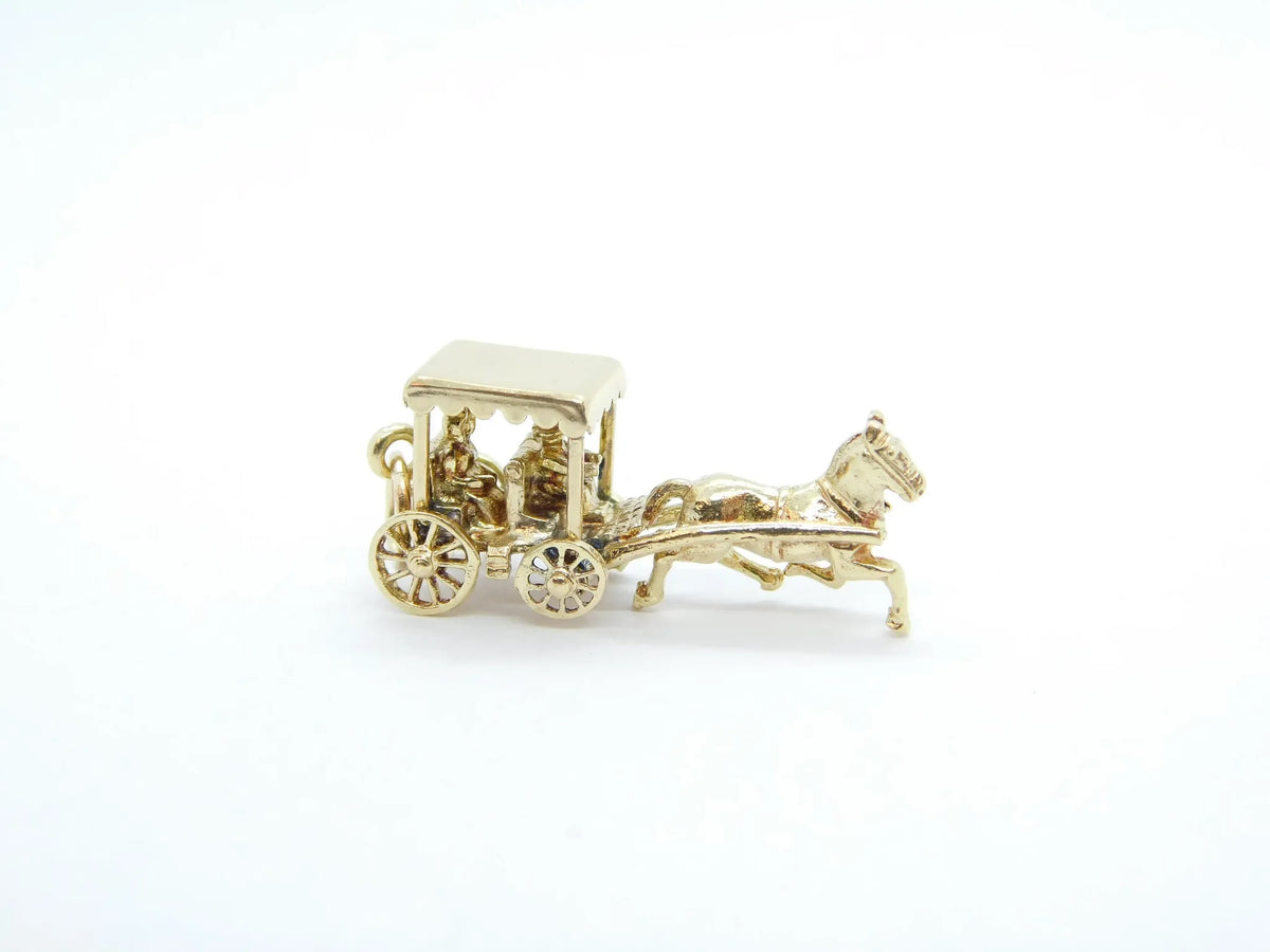 14kt Yellow Gold Horse Drawn Carriage Charm with Moving Wheels