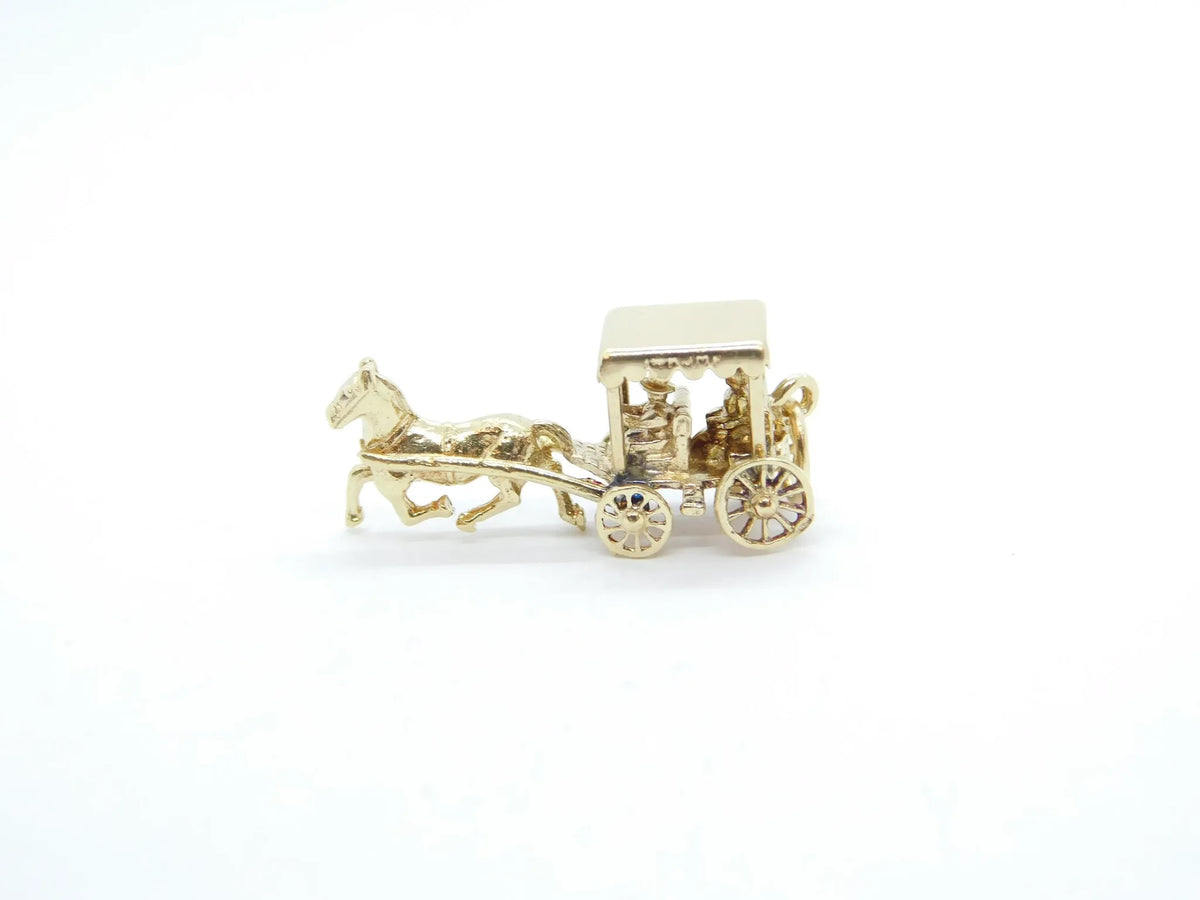 14kt Yellow Gold Horse Drawn Carriage Charm with Moving Wheels