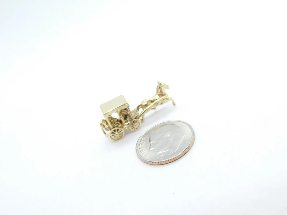 14kt Yellow Gold Horse Drawn Carriage Charm with Moving Wheels