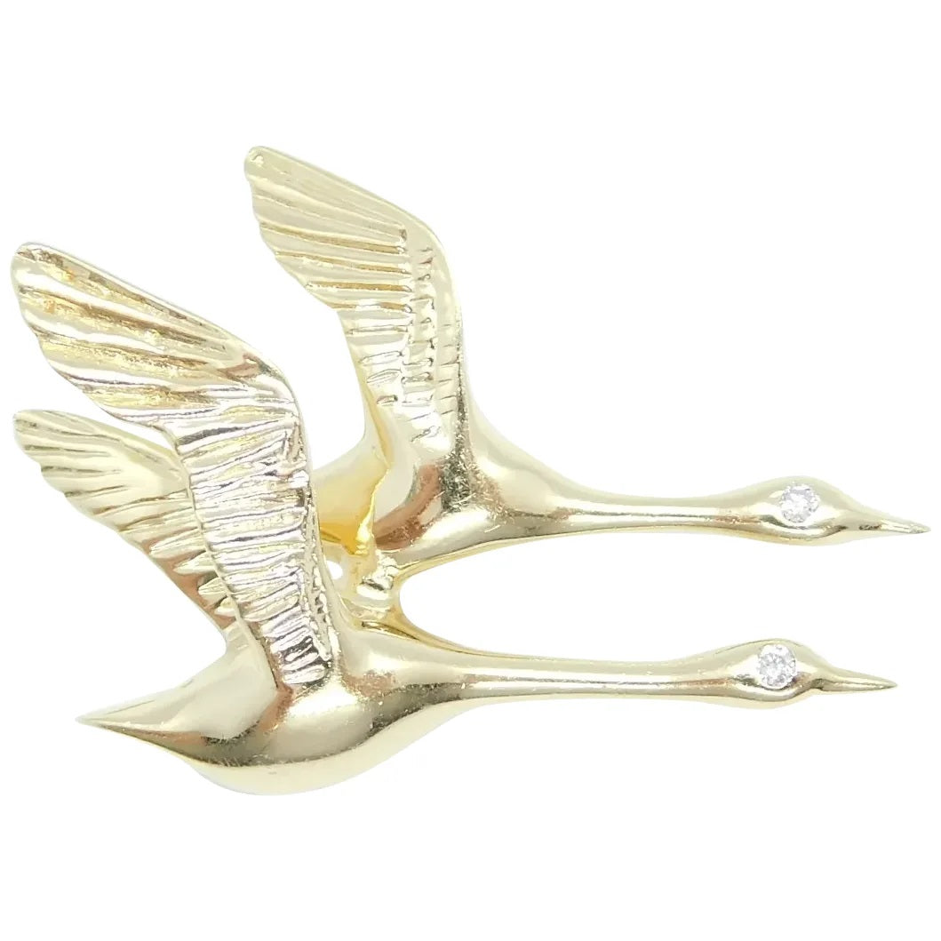 14kt Yellow Gold Pair of Flying Cranes with Diamond Eyes