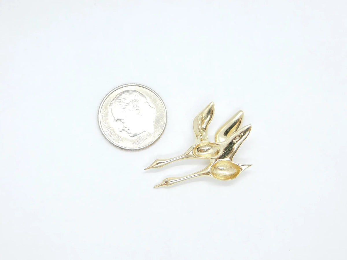 14kt Yellow Gold Pair of Flying Cranes with Diamond Eyes