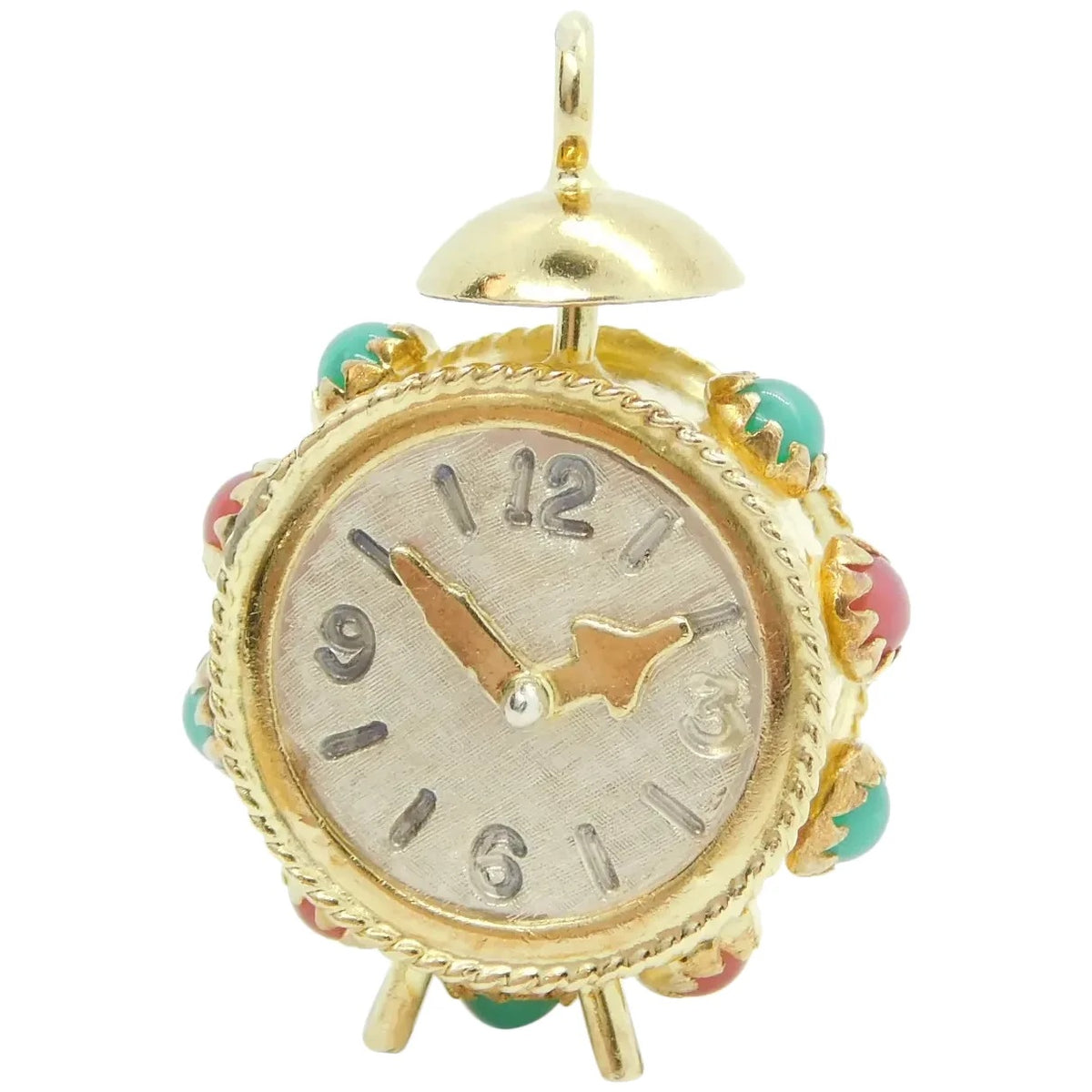 18kt Yellow Gold Two-Tone Gemstone Carnelian and Chrysoprase Clock Charm