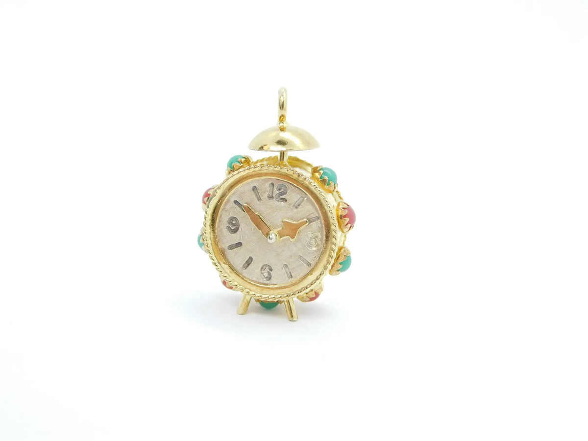 18kt Yellow Gold Two-Tone Gemstone Carnelian and Chrysoprase Clock Charm