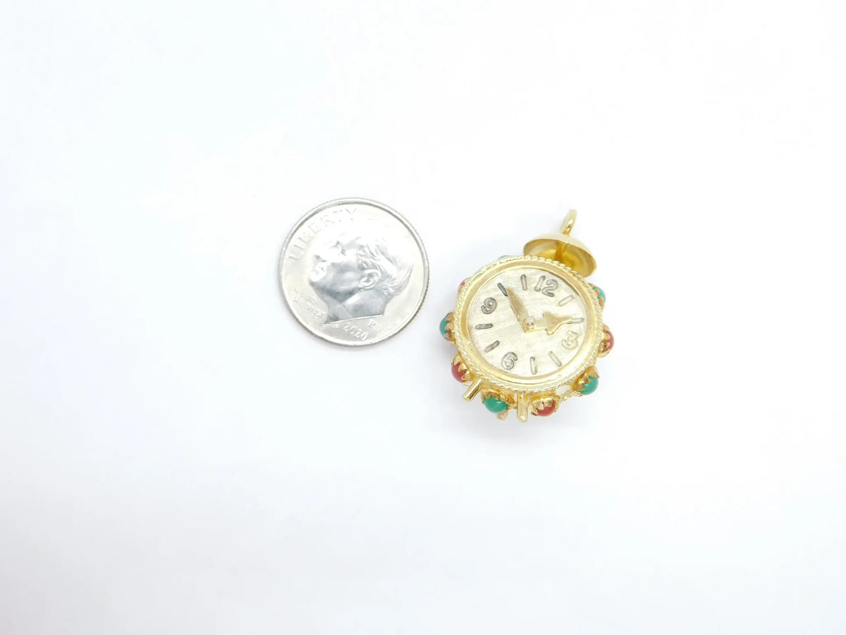 18kt Yellow Gold Two-Tone Gemstone Carnelian and Chrysoprase Clock Charm