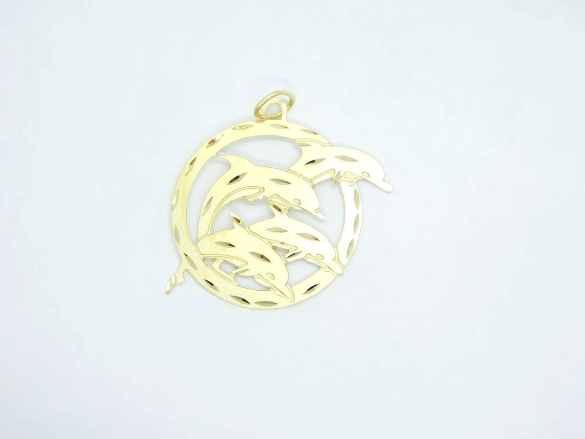 14kt Yellow Gold Pod of Dolphins Jumping Through Hoop Charm / Pendant