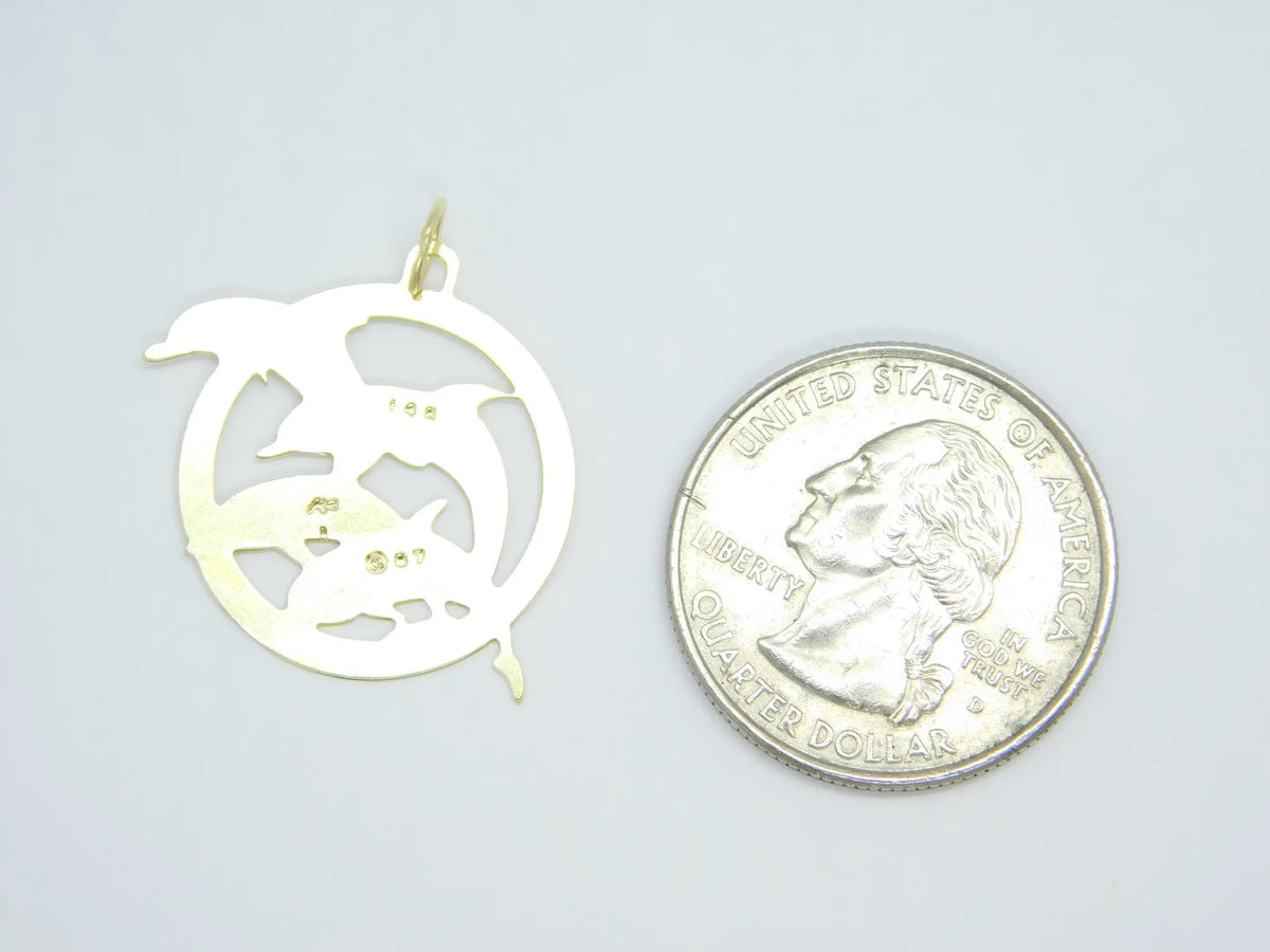 14kt Yellow Gold Pod of Dolphins Jumping Through Hoop Charm / Pendant