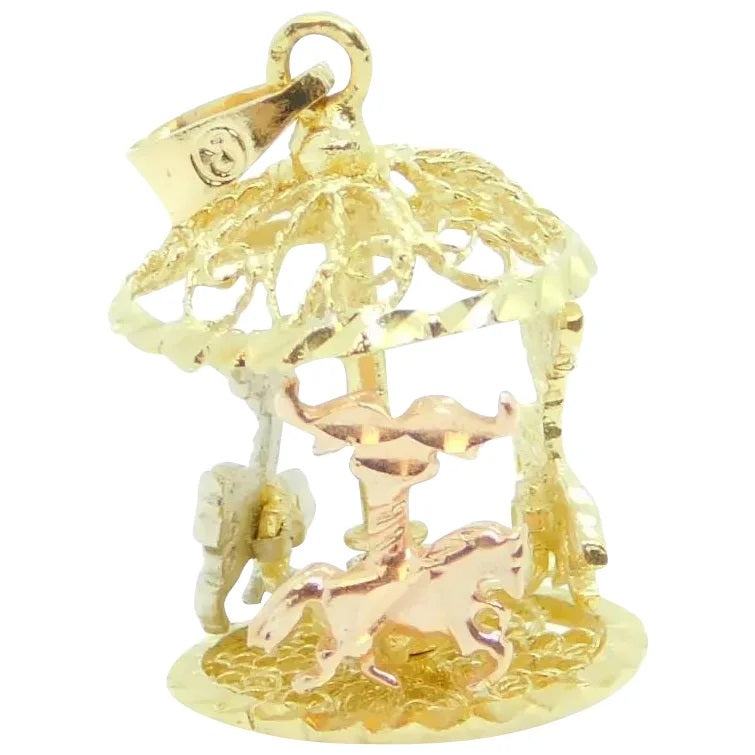 14kt Yellow, White and Rose Gold Filigree Spinning Carousel Charm / Pendant