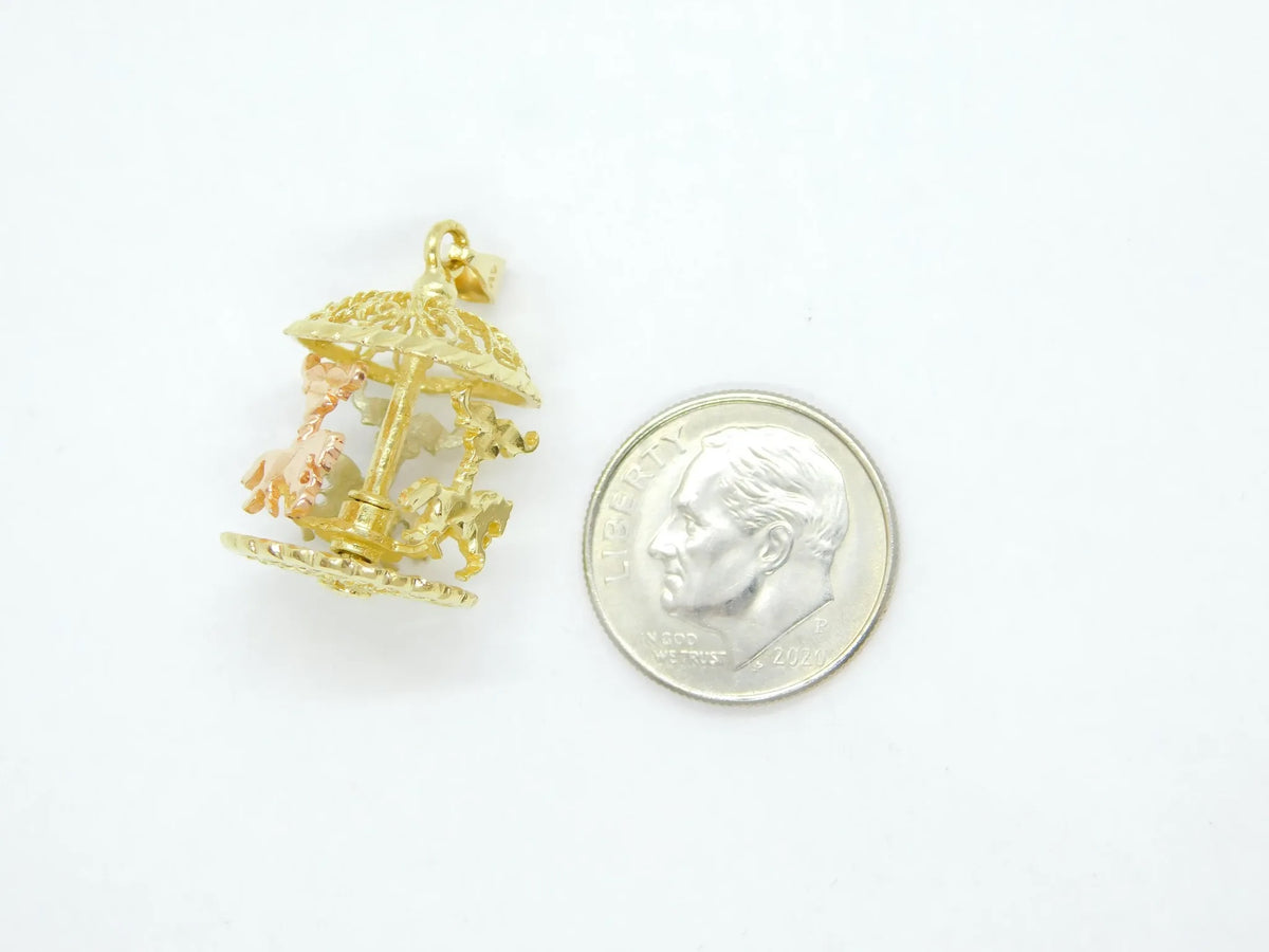 14kt Yellow, White and Rose Gold Filigree Spinning Carousel Charm / Pendant