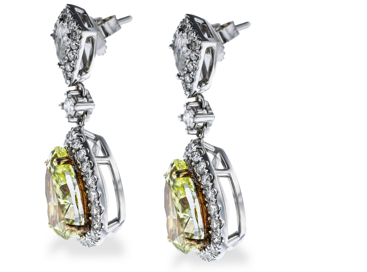 18KT WHITE GOLD 6.27CTW YELLOW DIAMOND & 1.29CTW DIAMOND DANGLE EARRINGS