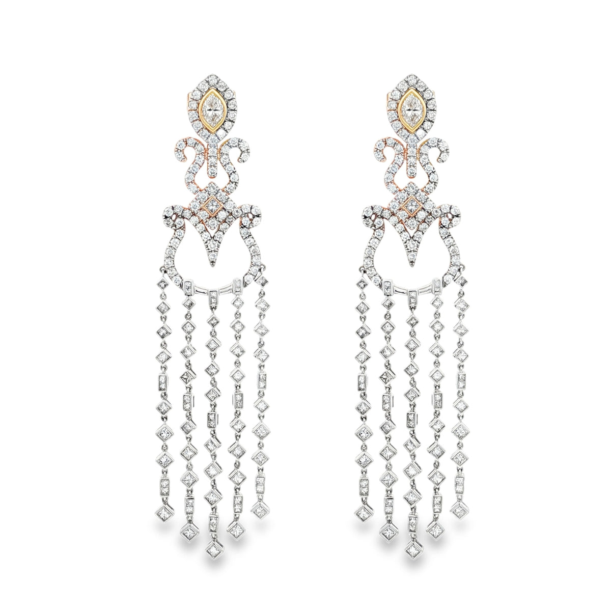 18KT Tri-Color Gold 7.91 ctw Marquise, Princess & Round Diamond Chandelier Earrings