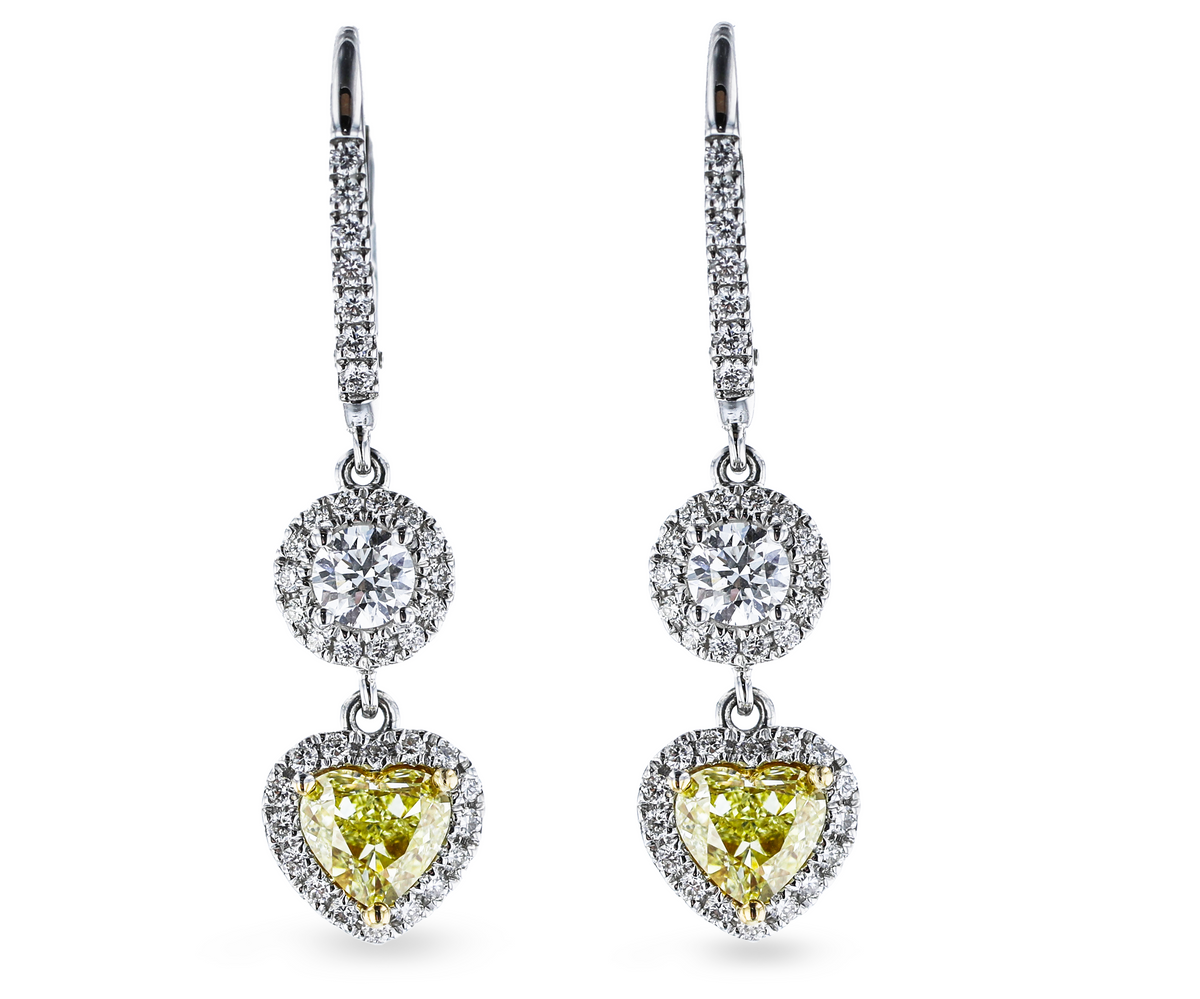 18KT WHITE GOLD 1.53CTW YELLOW DIAMOND & 0.97CTW DIAMOND DANGLE EARRINGS