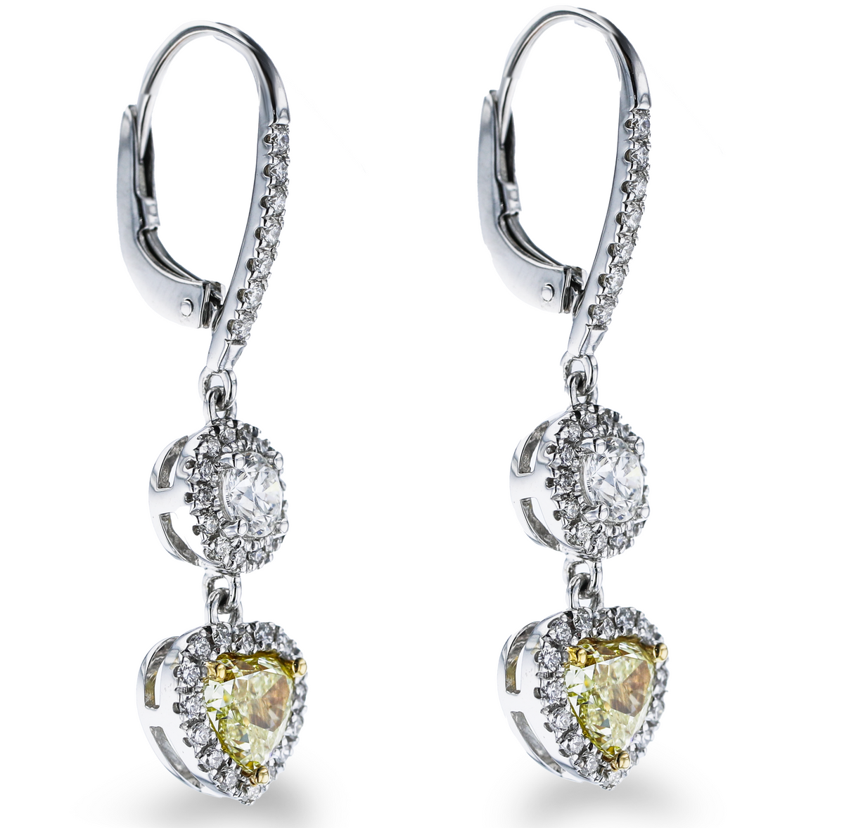 18KT WHITE GOLD 1.53CTW YELLOW DIAMOND & 0.97CTW DIAMOND DANGLE EARRINGS