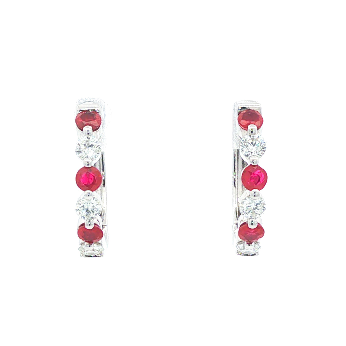 14kt White Gold 0.66 ctw Ruby & 0.52 ctw Diamond Alternating Huggie Hoop Earrings