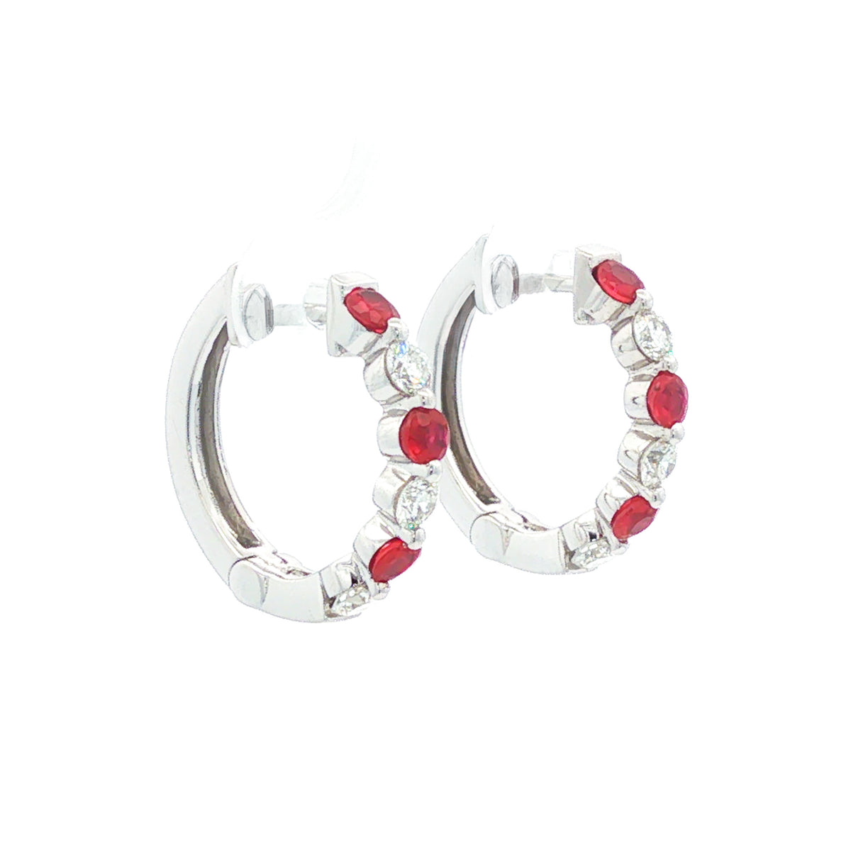 14kt White Gold 0.66 ctw Ruby & 0.52 ctw Diamond Alternating Huggie Hoop Earrings