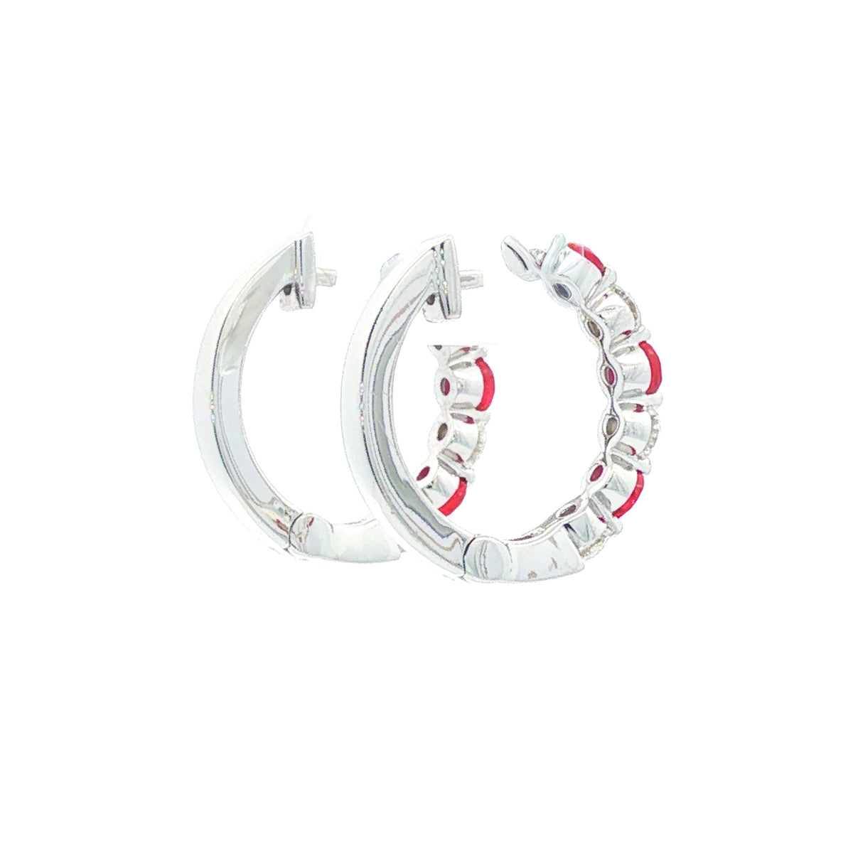 14kt White Gold 0.66 ctw Ruby & 0.52 ctw Diamond Alternating Huggie Hoop Earrings