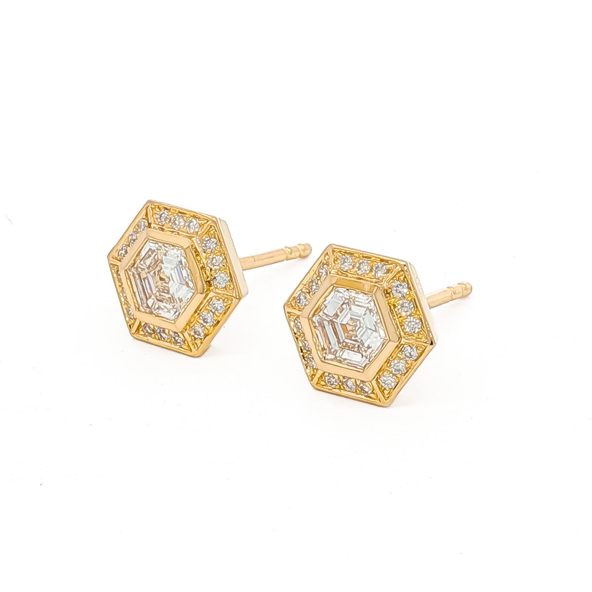 Medoro 14K Gold Hexagon Diamond Halo Stud Earrings White,Yellow