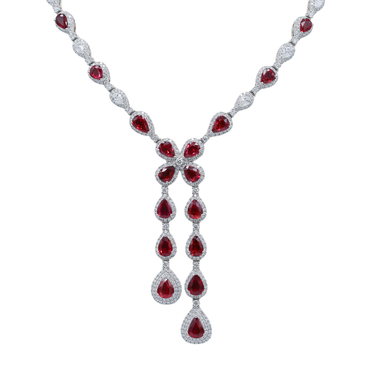 18kt White Gold 14.45 ct Burmese Ruby & 8.48 ctw Diamond Lariat Necklace