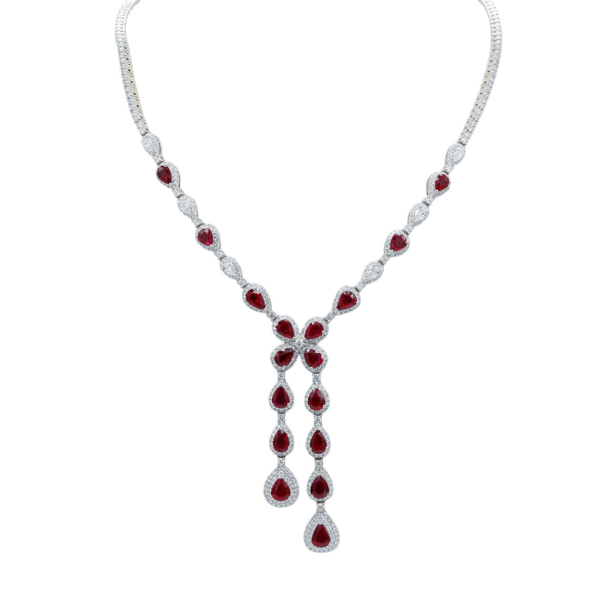 18kt White Gold 14.45 ct Burmese Ruby & 8.48 ctw Diamond Lariat Necklace
