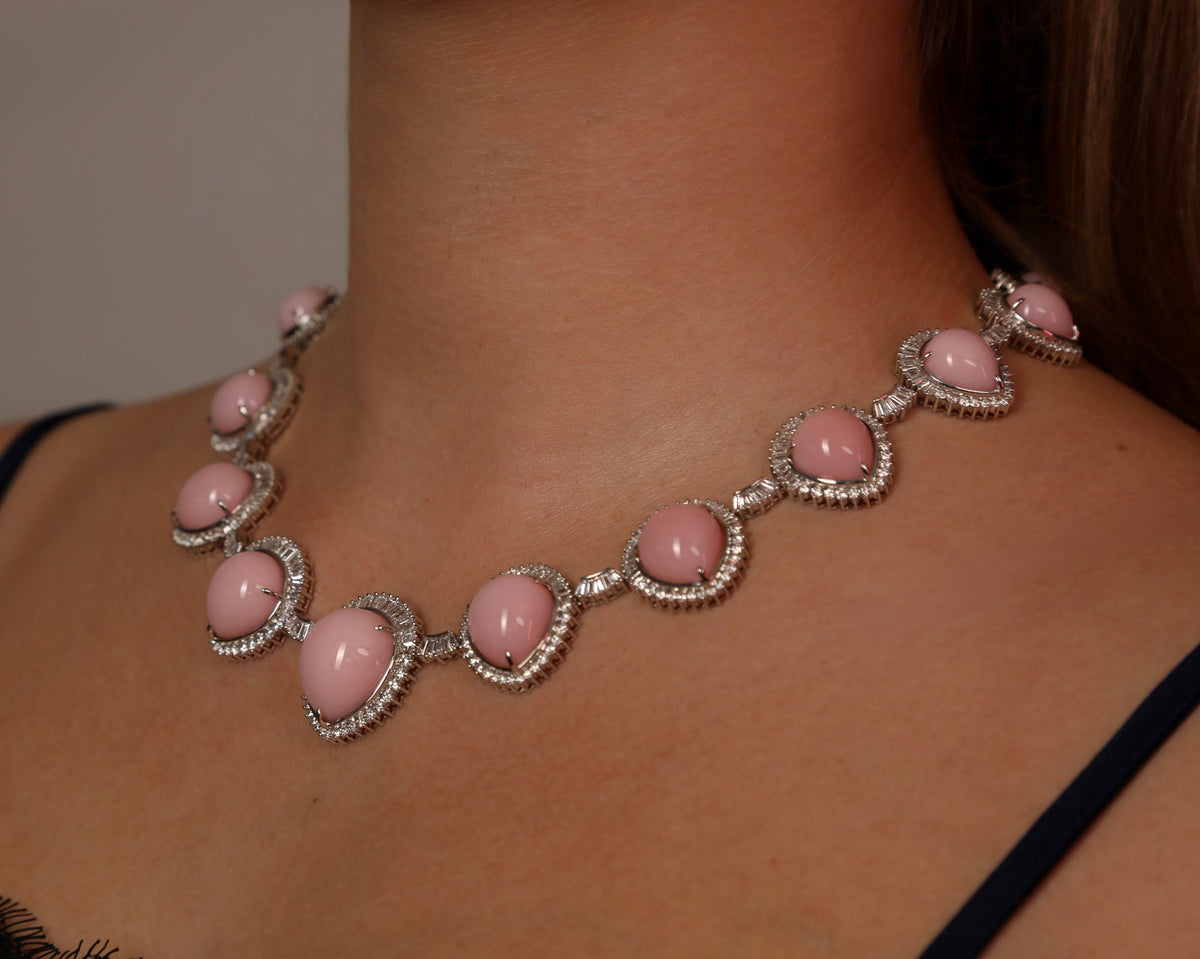 Juleve 18kt White Gold 123.64 ctw Pink Opal & 21.62 ctw Diamond Halo Necklace