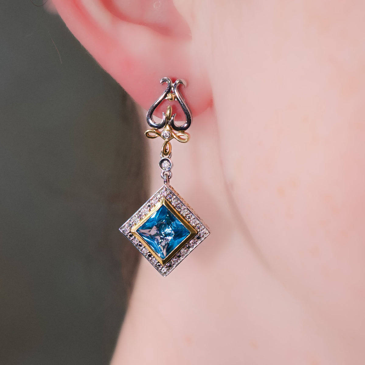 14KT GOLD INTERCHANGEABLE PRINCESS CUT GEMSTONE & DIAMOND EARRINGS Amethyst,Topaz