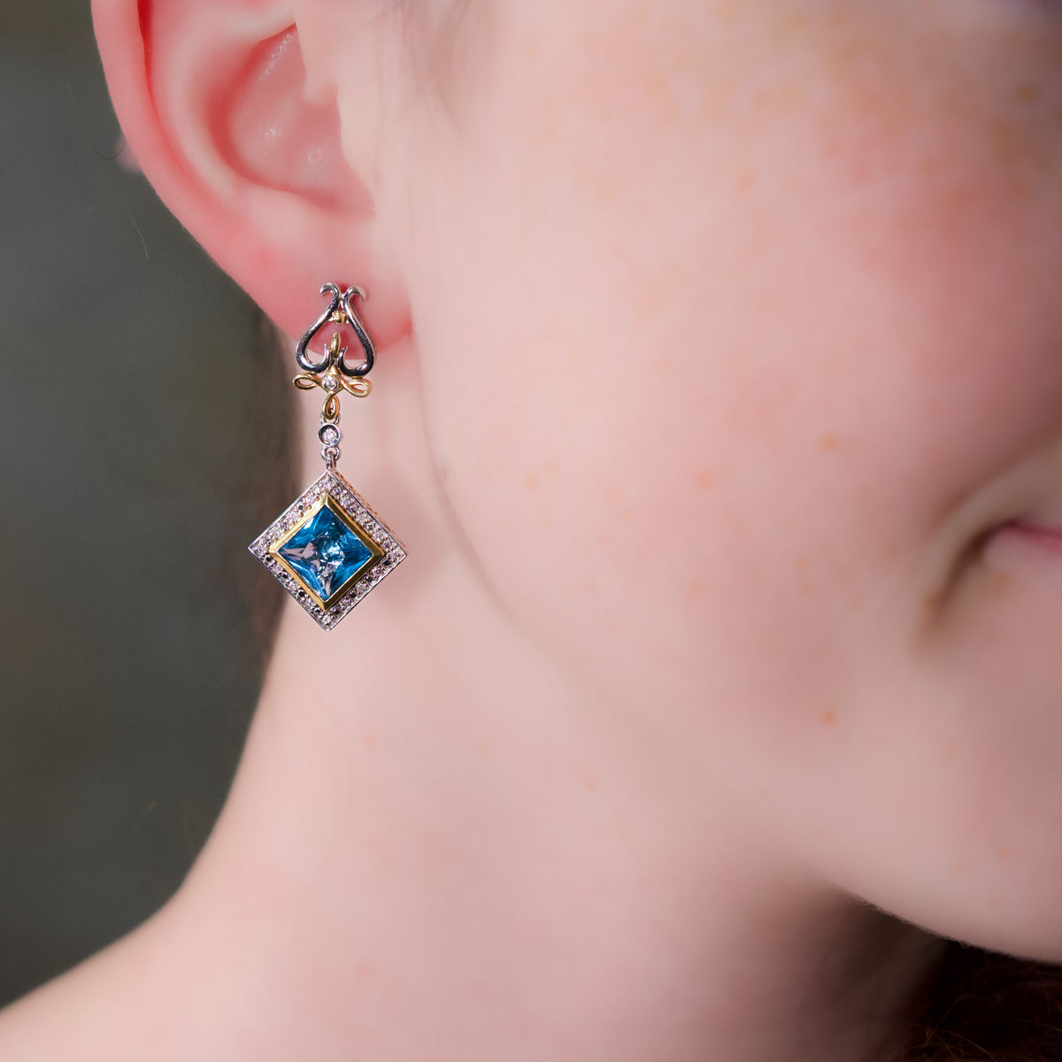 14KT GOLD INTERCHANGEABLE PRINCESS CUT GEMSTONE & DIAMOND EARRINGS Amethyst,Topaz