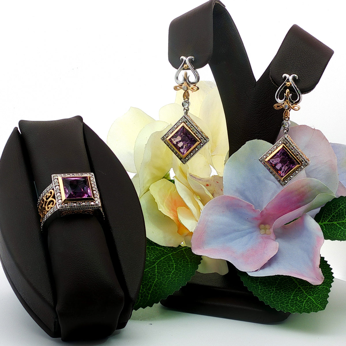14kt White Gold Interchangeable Princess Cut Gemstone and Diamond Earrings Amethyst,Topaz