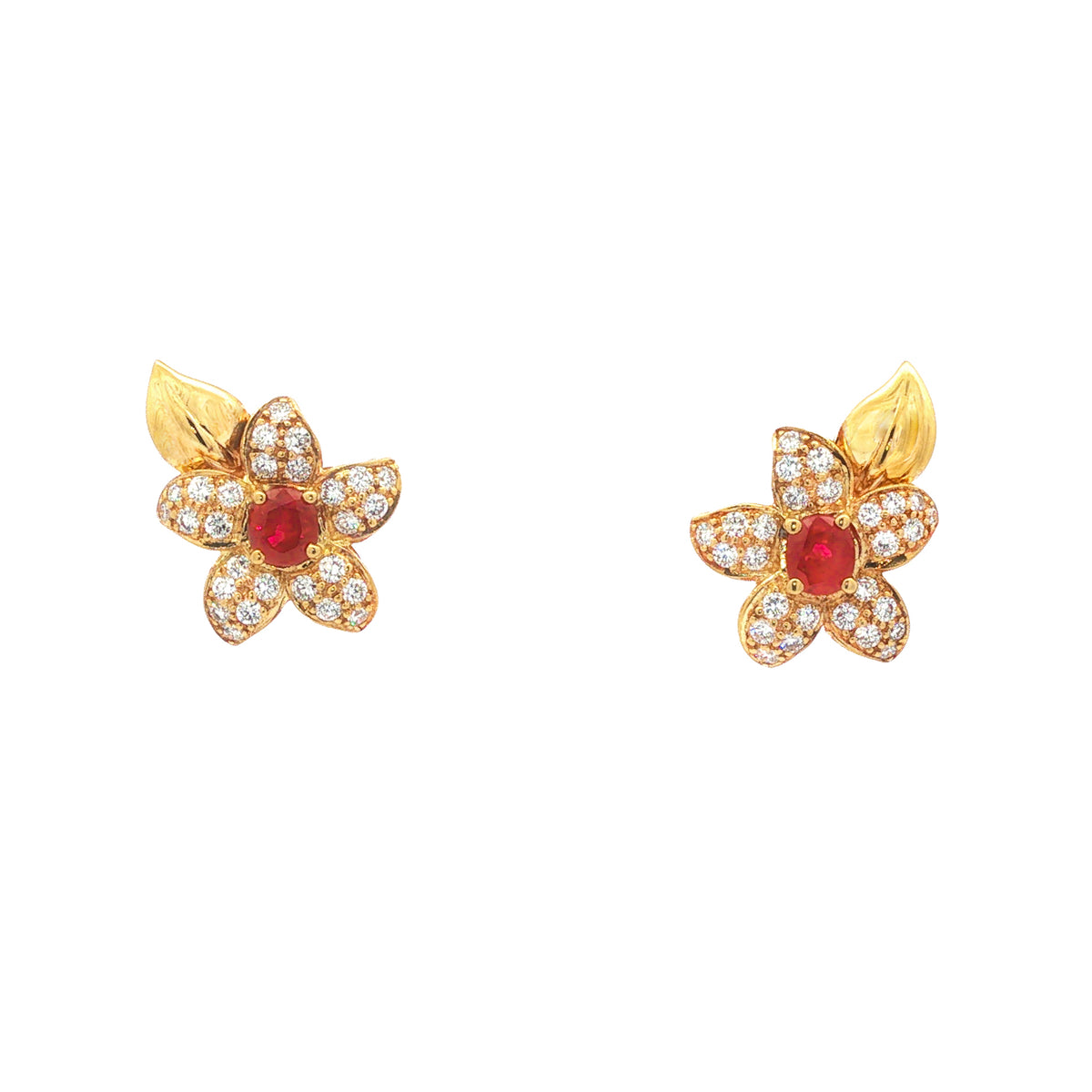 14kt Yellow Gold 1.10 ctw Ruby & 0.90 ctw Diamond Flower Earrings