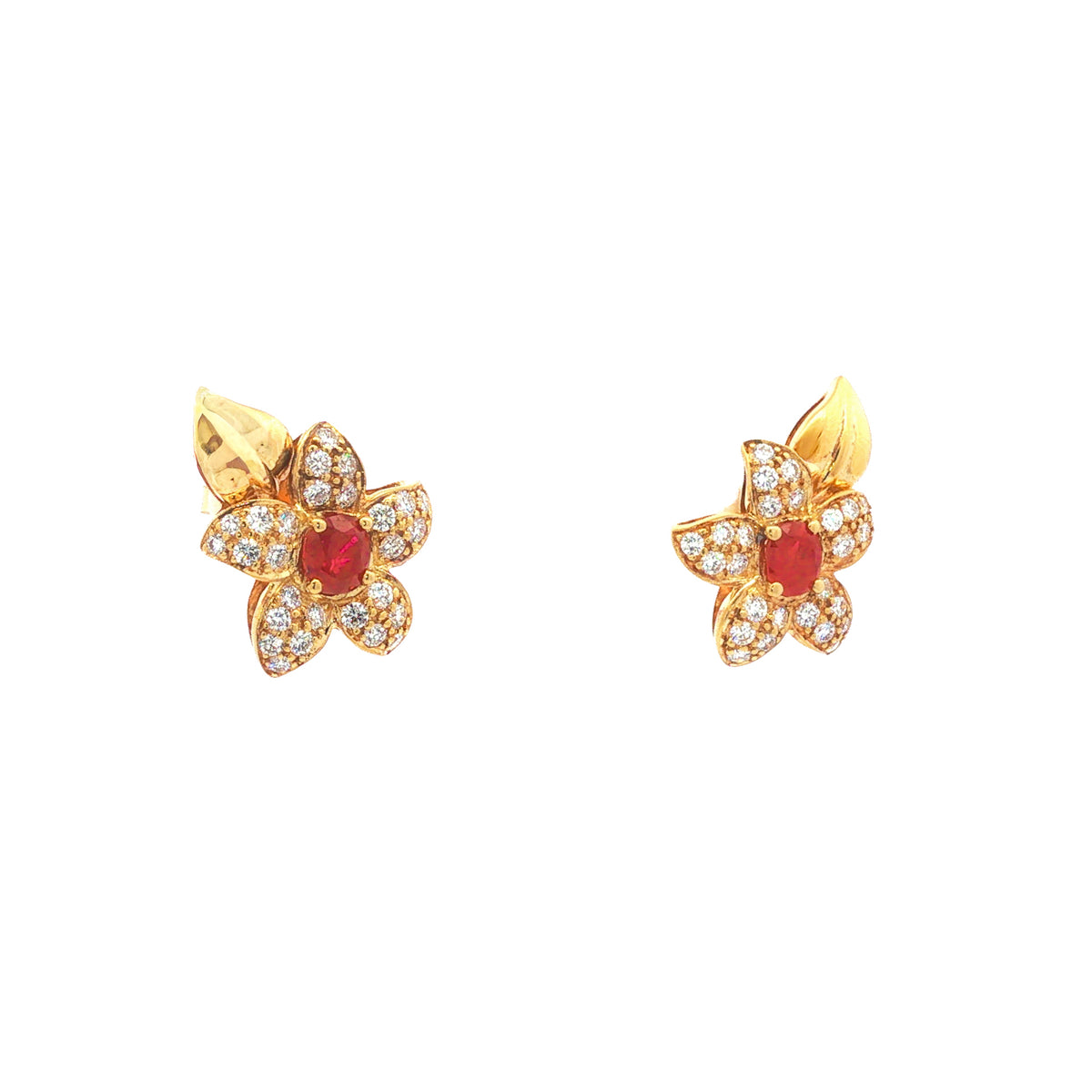 14kt Yellow Gold 1.10 ctw Ruby & 0.90 ctw Diamond Flower Earrings