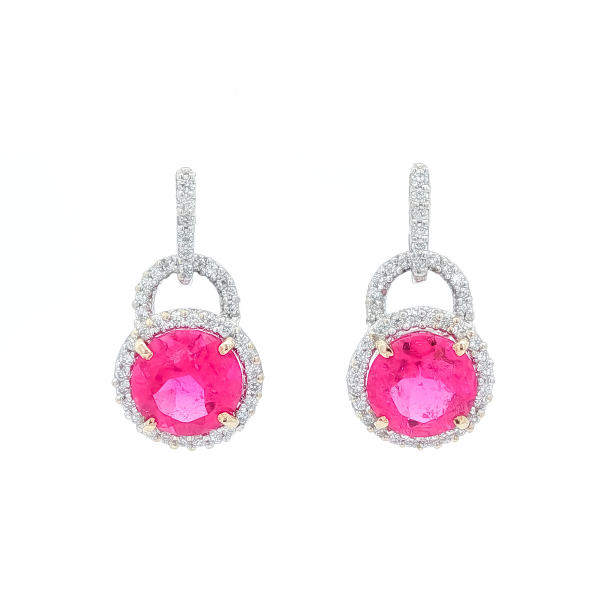 3.60 ctw Pink Tourmaline & .46 Diamond Halo 18kt White Gold Dangle Earrings