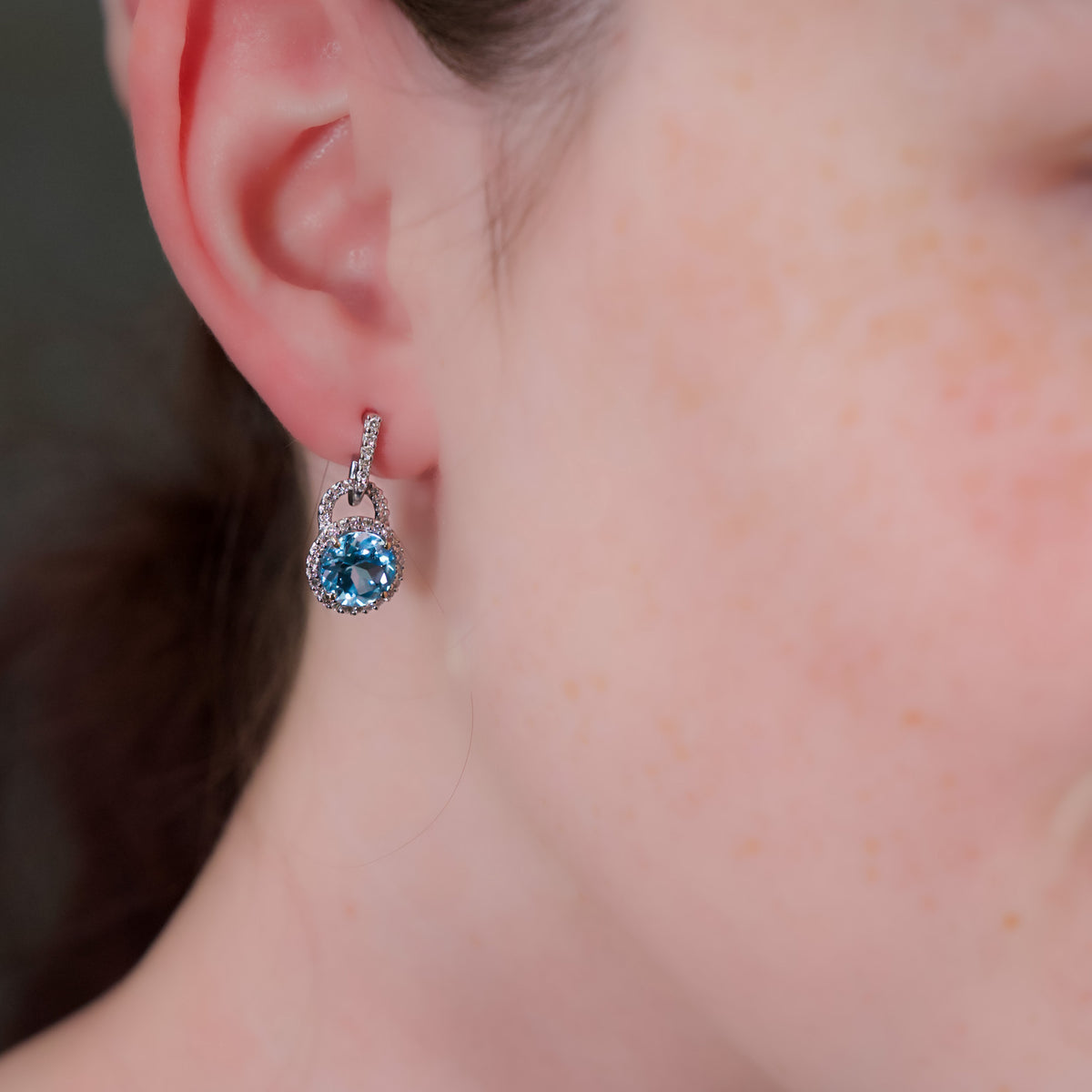 14kt White Gold 4.84 ctw Blue Topaz with Diamond Halo Earrings