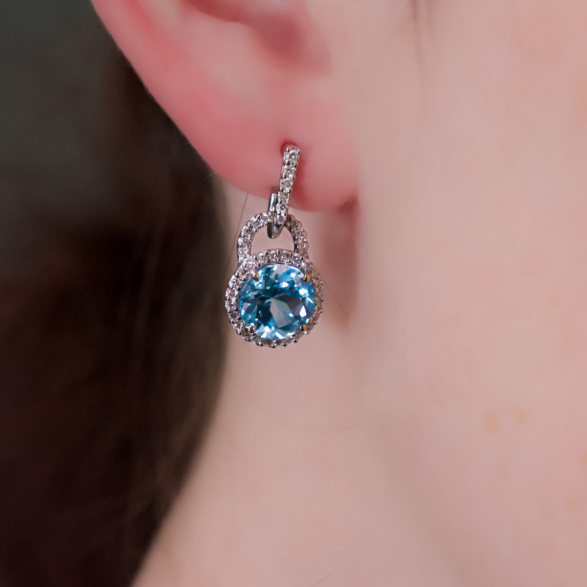 14kt White Gold 4.84 ctw Blue Topaz with Diamond Halo Earrings