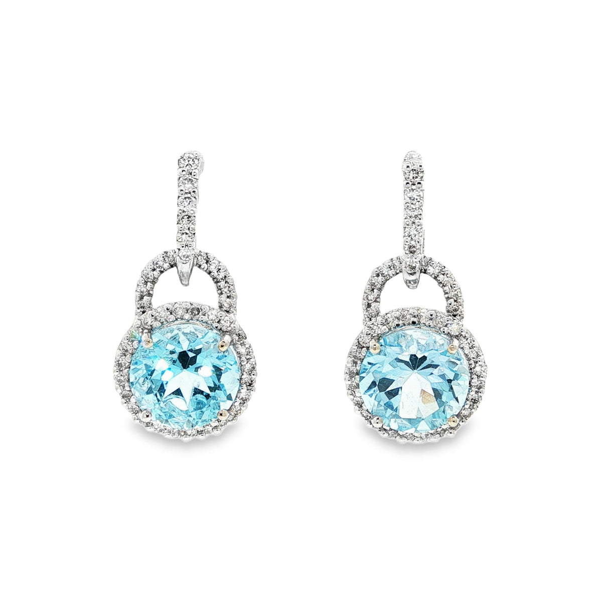 14kt White Gold 4.84 ctw Blue Topaz with Diamond Halo Earrings