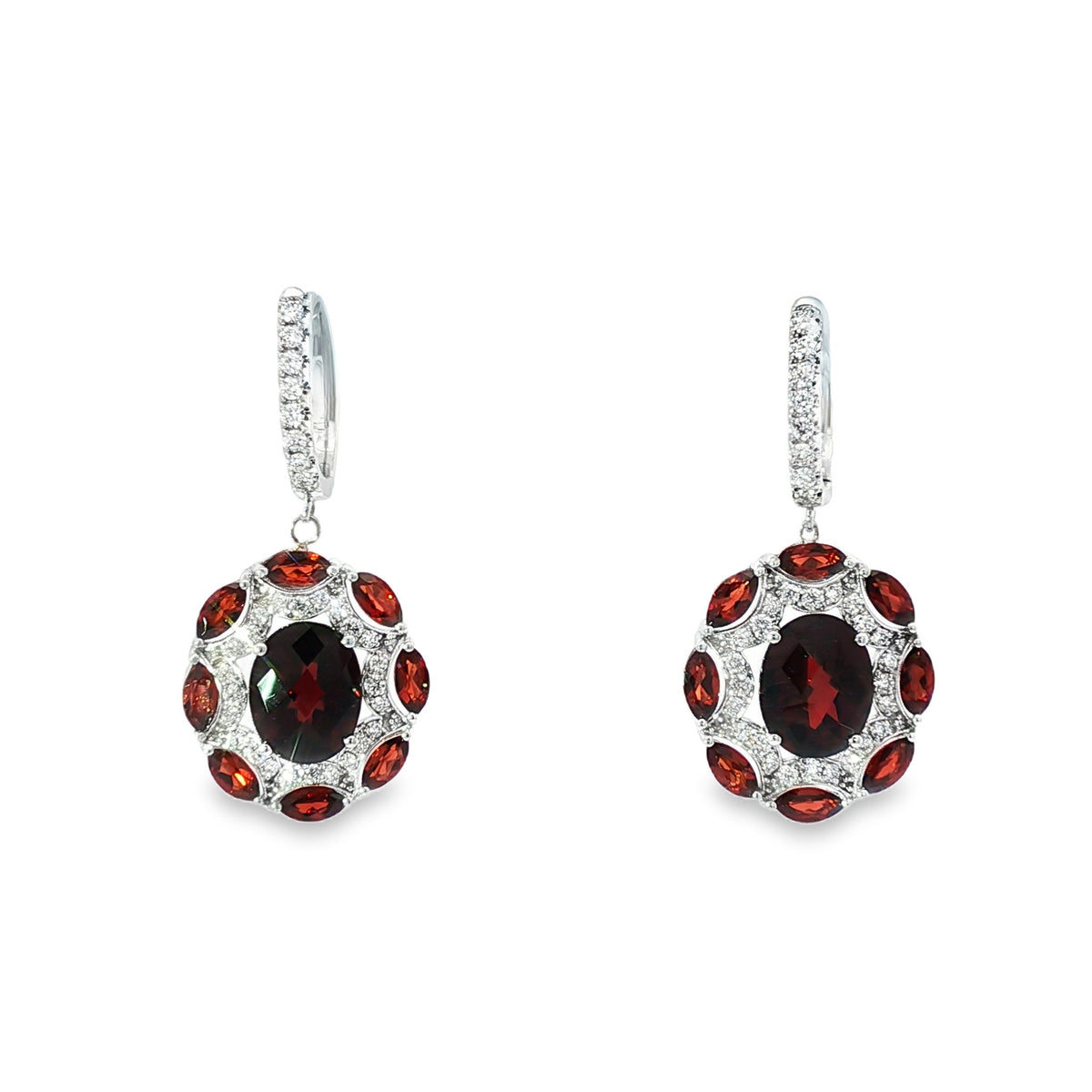 14kt White Oval and Marquise Garnet with Diamond Drop Earrings