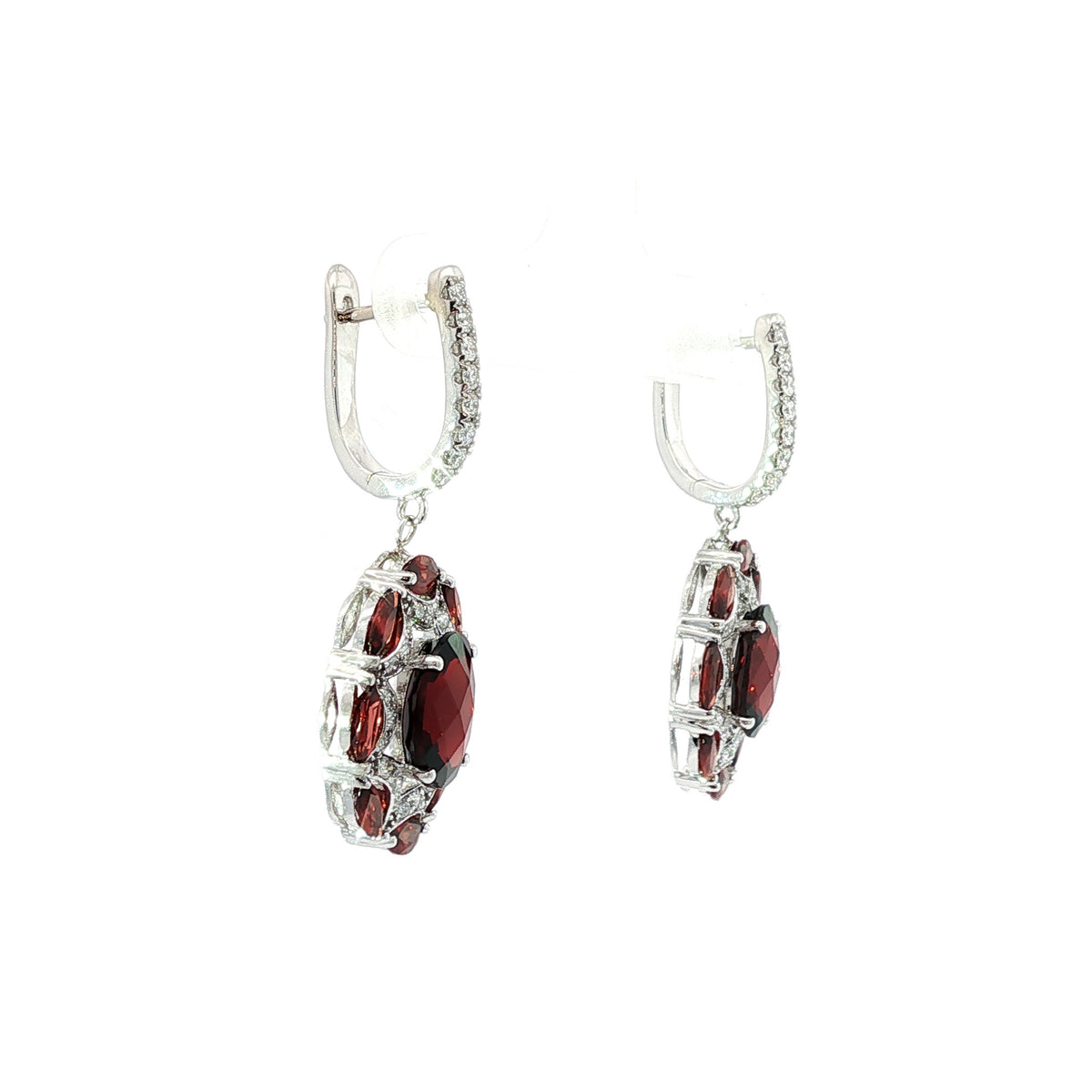 14kt White Oval and Marquise Garnet with Diamond Drop Earrings
