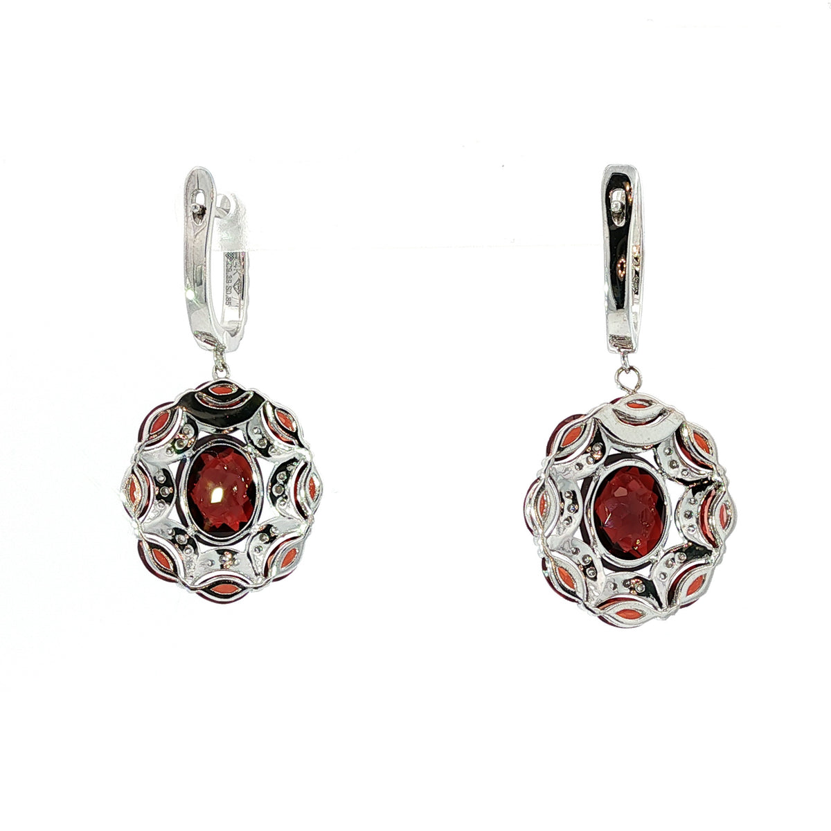 14kt White Oval and Marquise Garnet with Diamond Drop Earrings