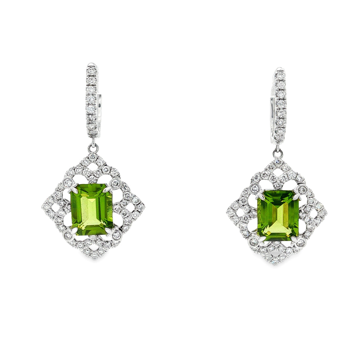 14kt White Gold 7.20 ctw Emerald-Cut Peridot & 0.74 ctw Round Brilliant Diamond Drop Earrings