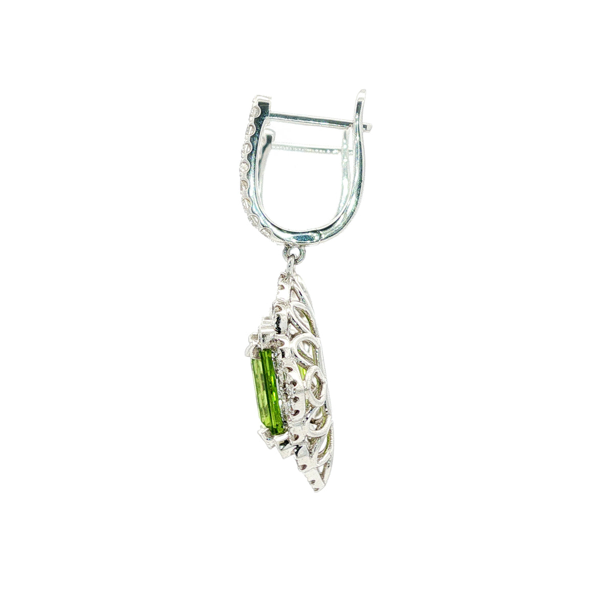 14kt White Gold 7.20 ctw Emerald-Cut Peridot & 0.74 ctw Round Brilliant Diamond Drop Earrings
