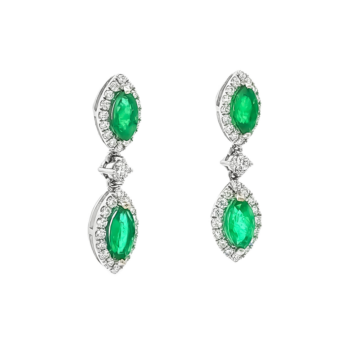 14kt White Gold 1.54ctw Marquise Emerald & 0.64ctw Round Diamond Halo Drop Earrings