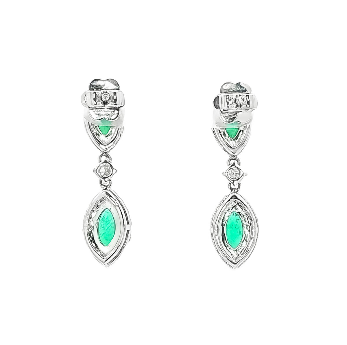14kt White Gold 1.54ctw Marquise Emerald & 0.64ctw Round Diamond Halo Drop Earrings