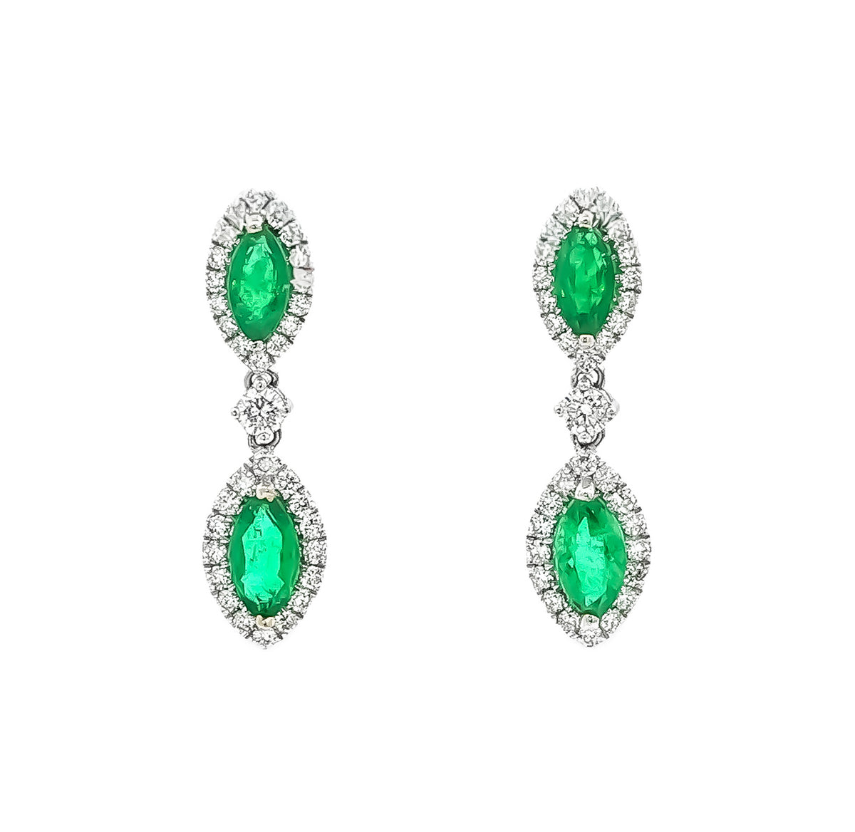 14kt White Gold 1.54ctw Marquise Emerald & 0.64ctw Round Diamond Halo Drop Earrings