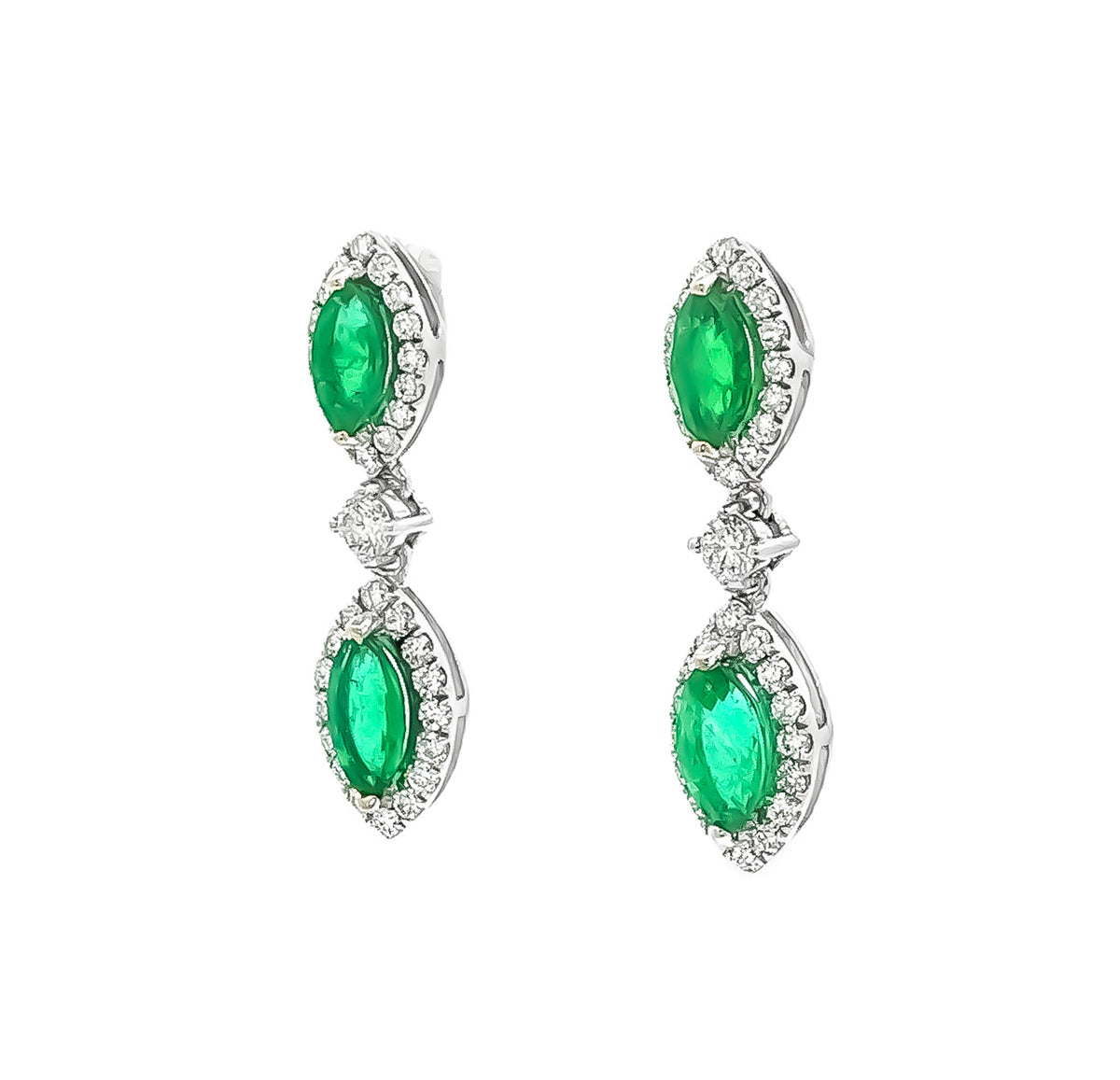 14kt White Gold 1.54ctw Marquise Emerald & 0.64ctw Round Diamond Halo Drop Earrings