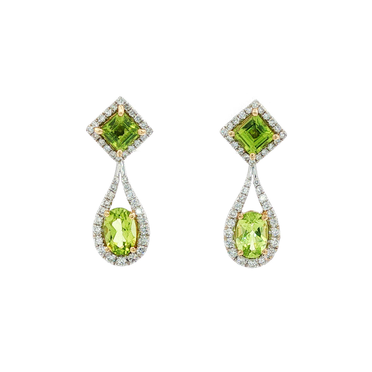 14kt White Gold 1.91 ctw Square/Oval Peridot and 0.43 ctw Round Diamond Convertible Drop Earrings