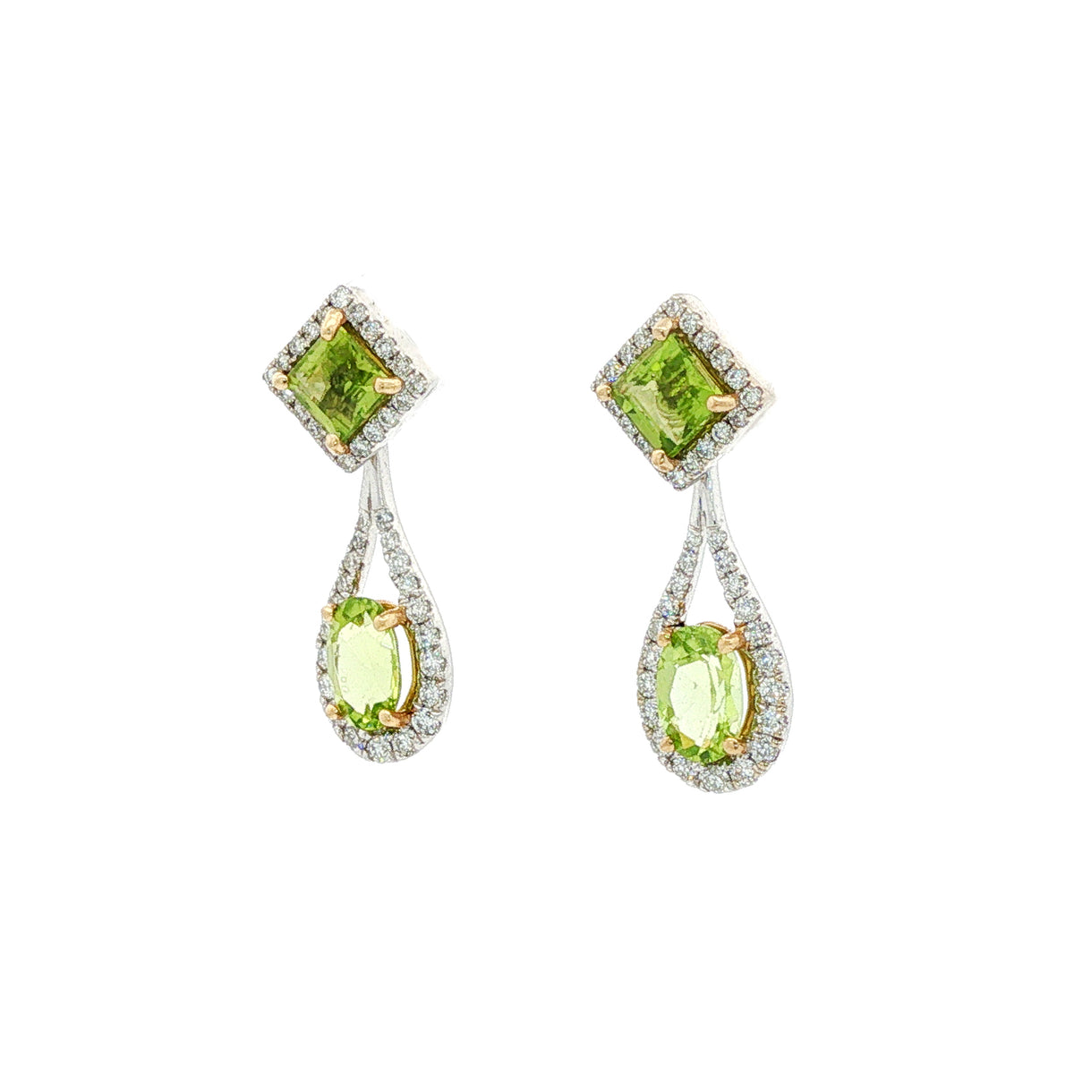 14kt White Gold 1.91 ctw Square/Oval Peridot and 0.43 ctw Round Diamond Convertible Drop Earrings