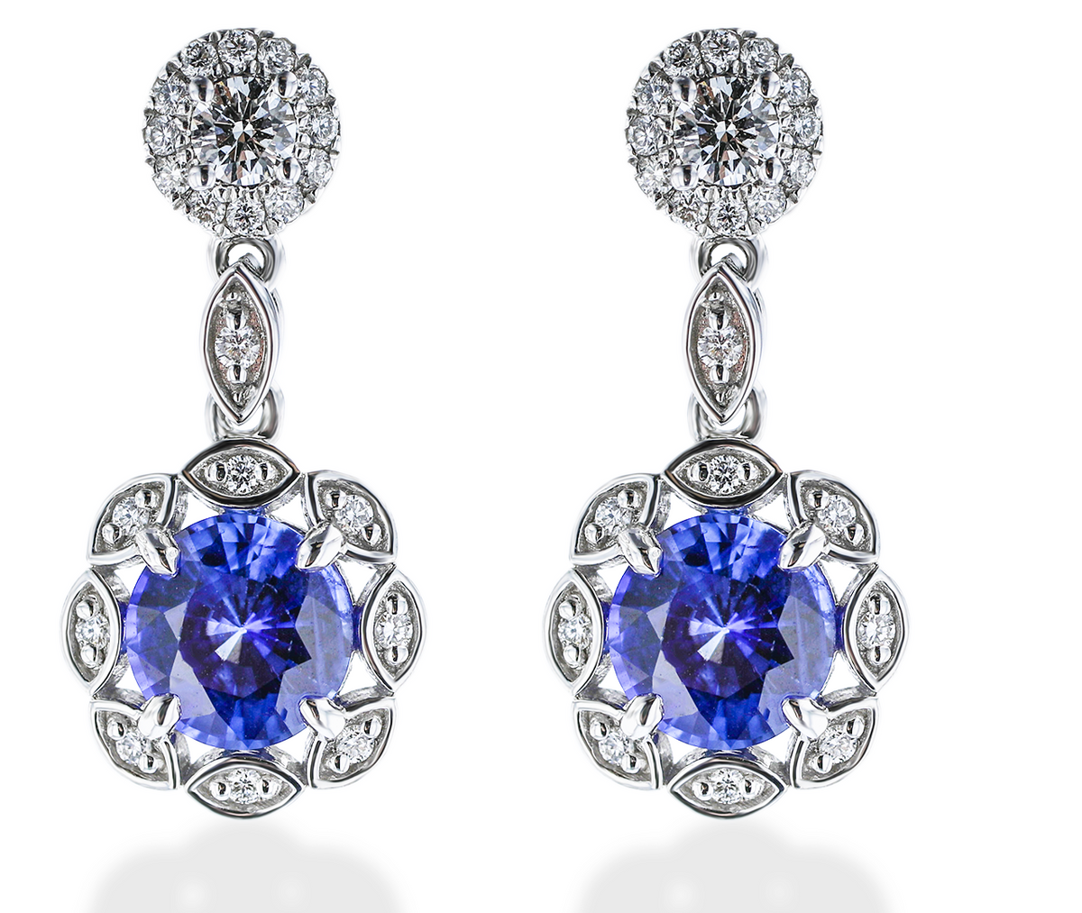 JULEVE 2.60 CTW SAPPHIRE & 0.54 CTW DIAMOND HALO DROP EARRINGS