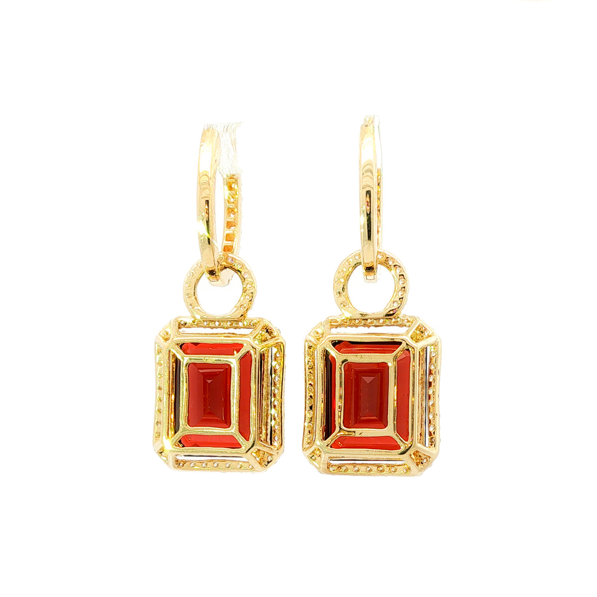 14kt Yellow Gold 12x10mm Emerald Cut Garnet Diamond Halo Drop Earrings