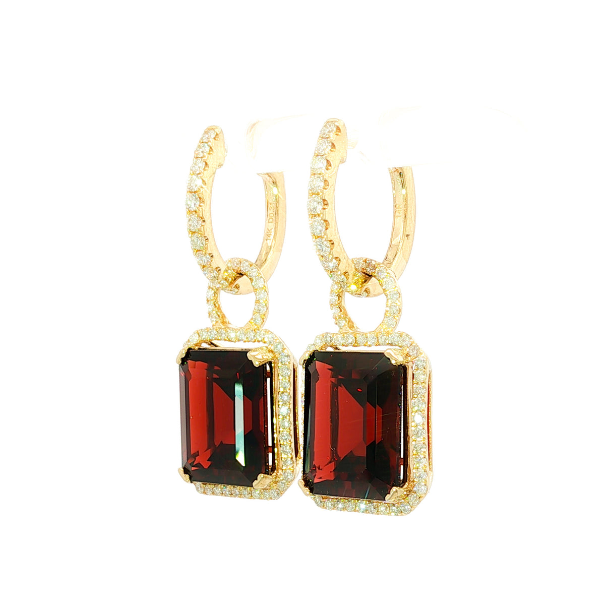 14kt Yellow Gold 12x10mm Emerald Cut Garnet Diamond Halo Drop Earrings