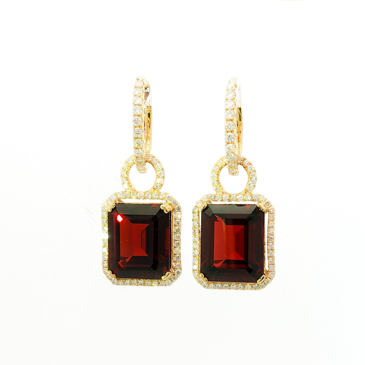 14kt Yellow Gold 12x10mm Emerald Cut Garnet Diamond Halo Drop Earrings