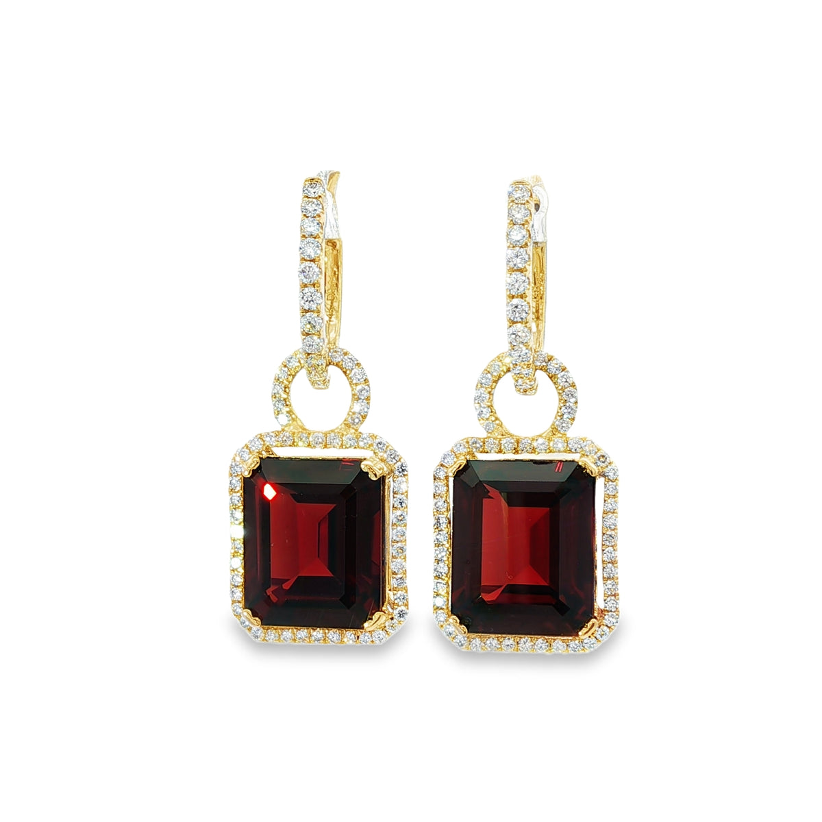 14kt Yellow Gold 12x10mm Emerald Cut Garnet Diamond Halo Drop Earrings