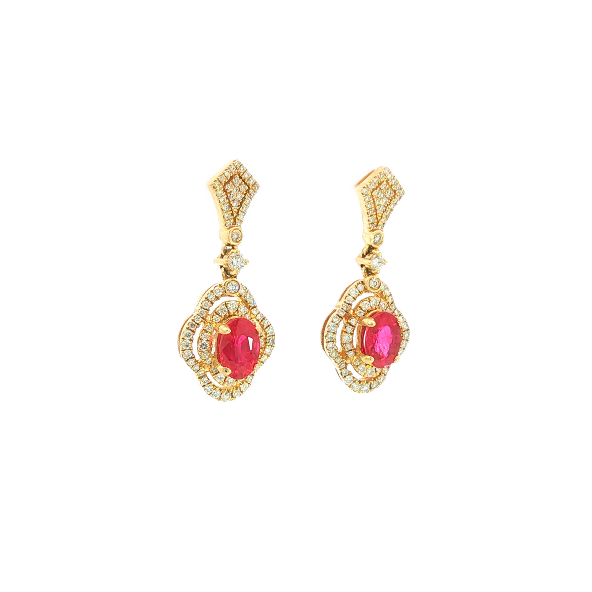 14kt Yellow Gold 1.43 ctw Ruby & 0.47 ctw Diamond Clover Halo Earrings